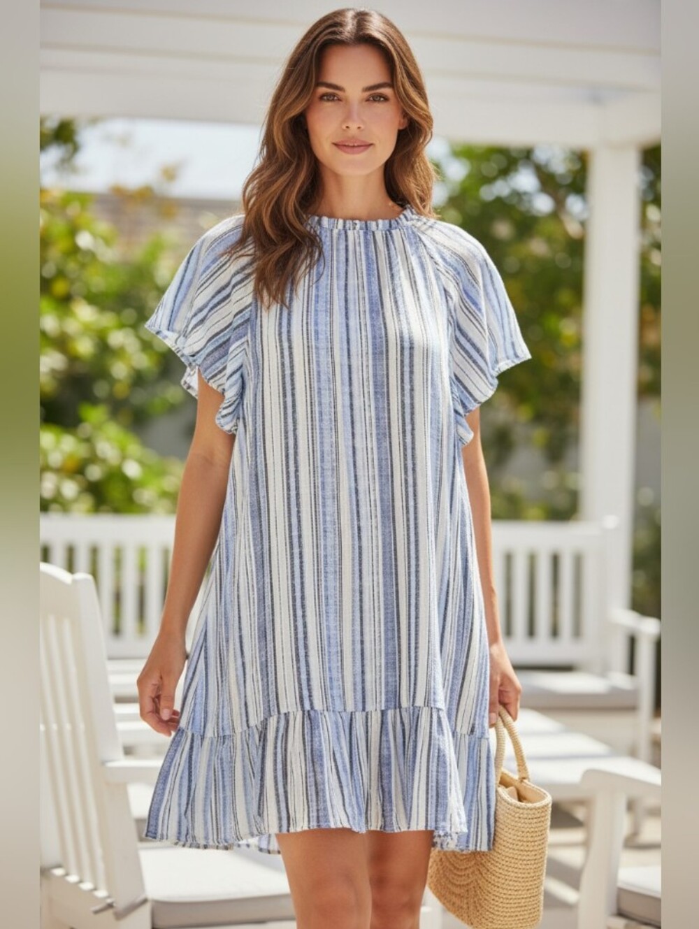 Marissa Olivia Striped Shift Dress Tassel Tie Midi Flutter Sleeve Round Neck